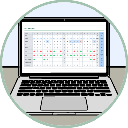 Laptop displaying round statistics dashboard